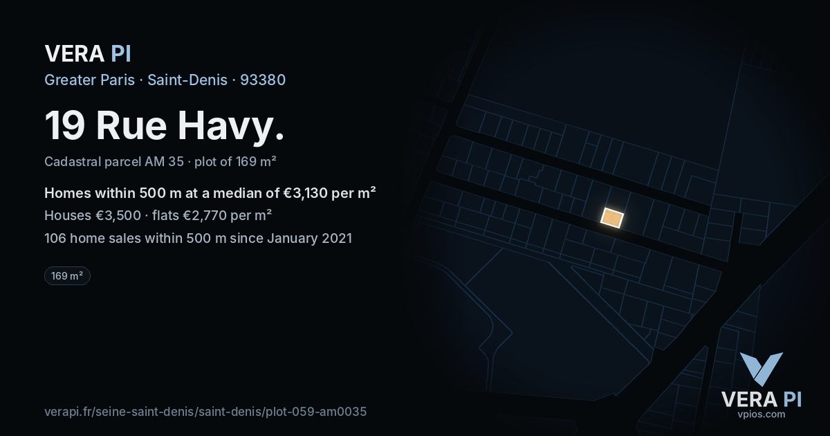 19 Rue Havy, Saint-Denis at night – the plot lit, the parcels around coloured by the prices near them