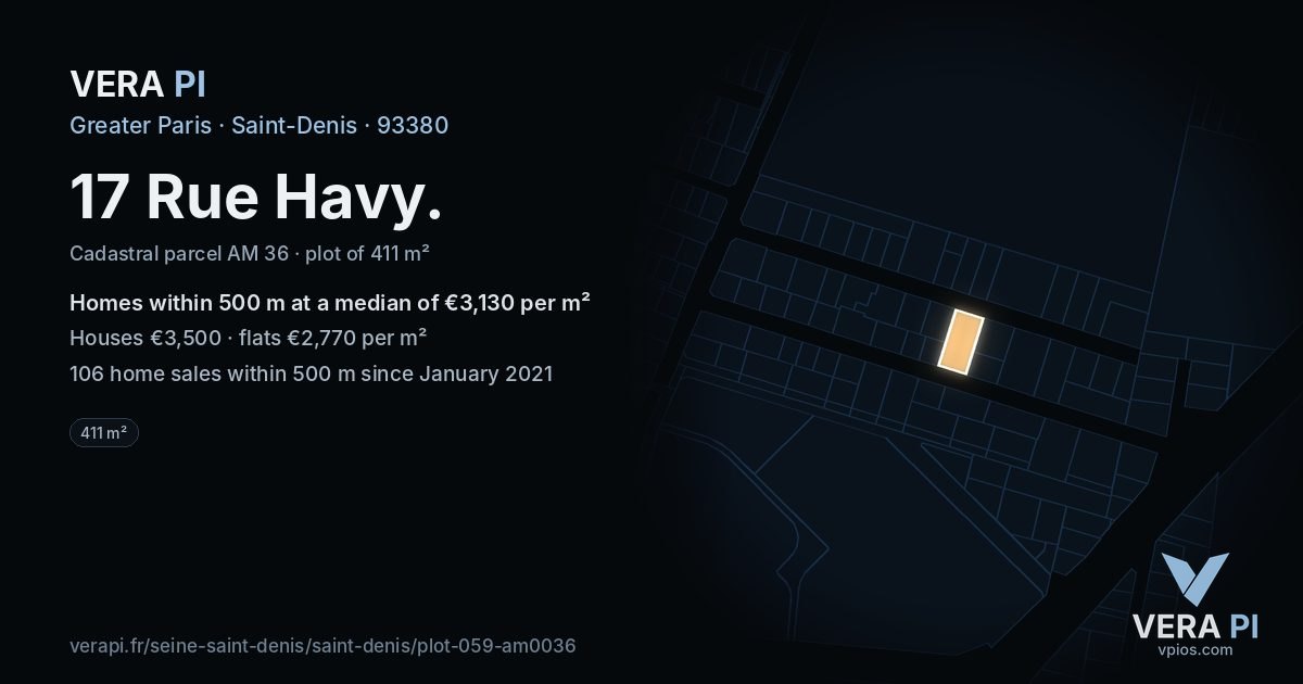 17 Rue Havy, Saint-Denis at night – the plot lit, the parcels around coloured by the prices near them