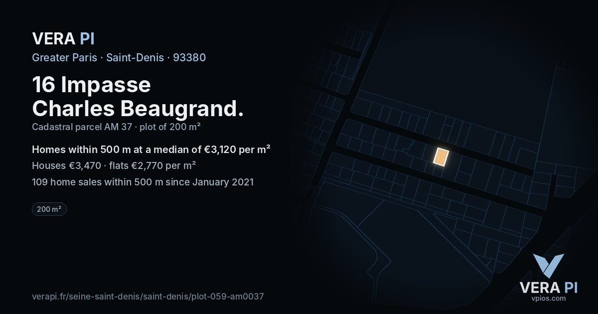 16 Impasse Charles Beaugrand, Saint-Denis at night – the plot lit, the parcels around coloured by the prices near them