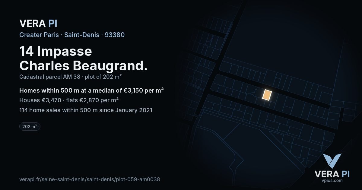 14 Impasse Charles Beaugrand, Saint-Denis at night – the plot lit, the parcels around coloured by the prices near them