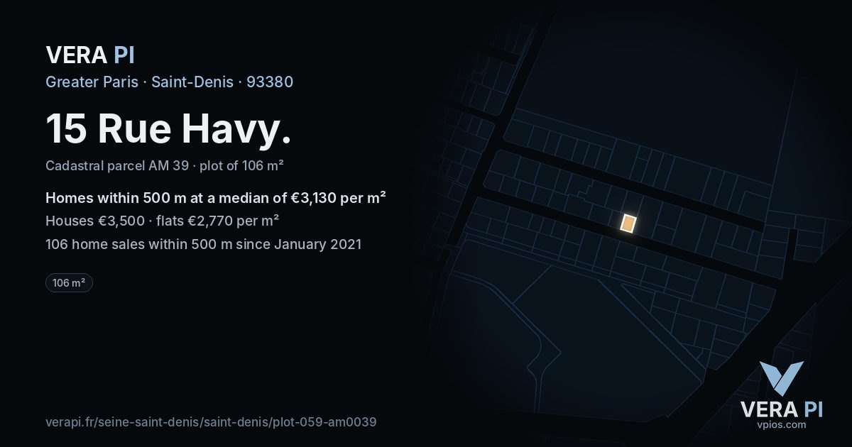 15 Rue Havy, Saint-Denis at night – the plot lit, the parcels around coloured by the prices near them