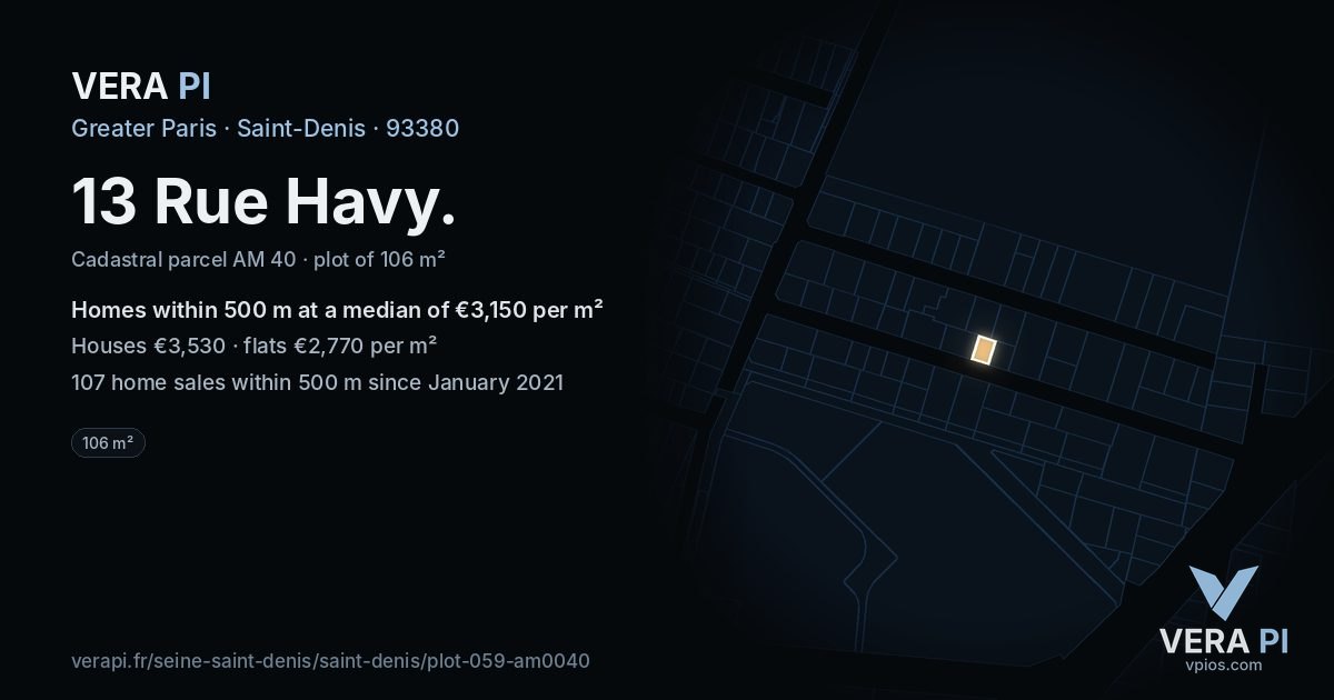 13 Rue Havy, Saint-Denis at night – the plot lit, the parcels around coloured by the prices near them
