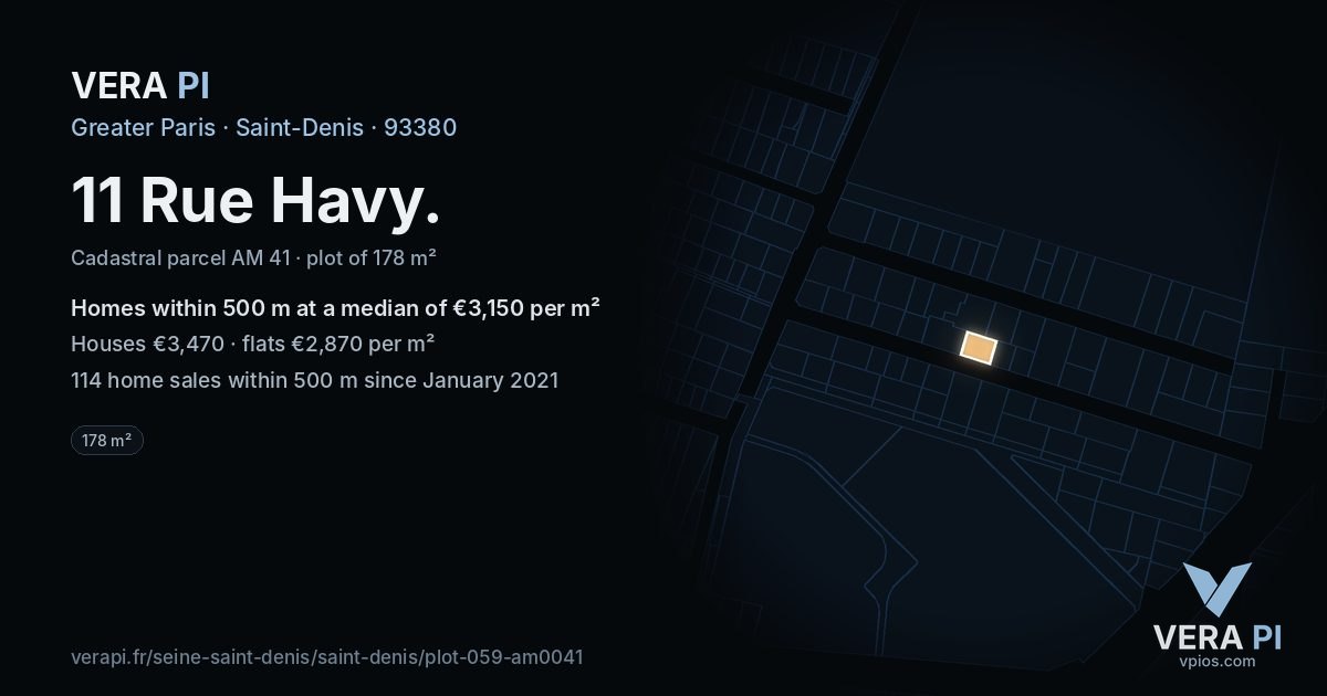 11 Rue Havy, Saint-Denis at night – the plot lit, the parcels around coloured by the prices near them