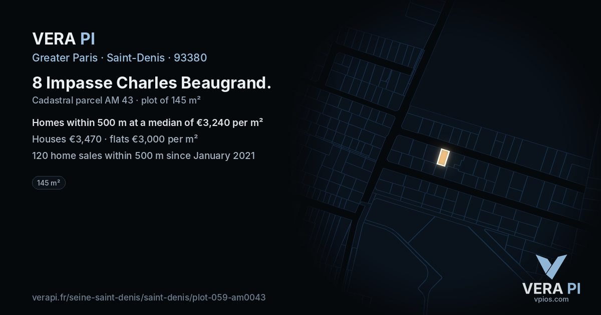 8 Impasse Charles Beaugrand, Saint-Denis at night – the plot lit, the parcels around coloured by the prices near them