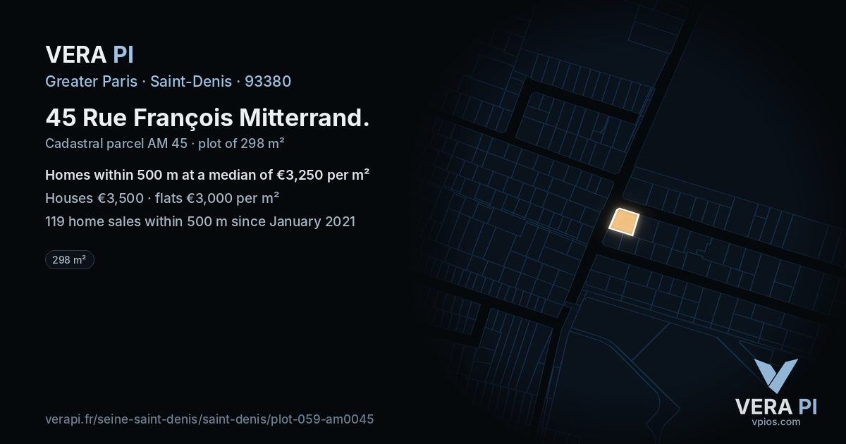 45 Rue François Mitterrand, Saint-Denis at night – the plot lit, the parcels around coloured by the prices near them