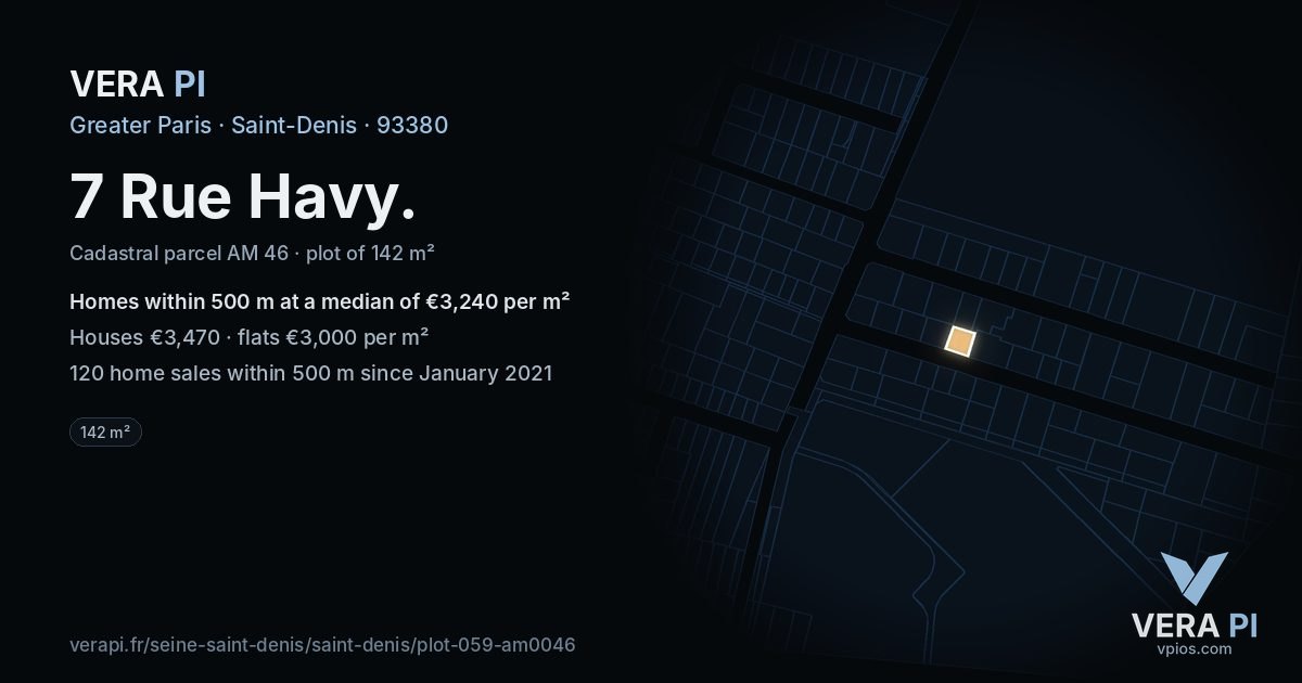 7 Rue Havy, Saint-Denis at night – the plot lit, the parcels around coloured by the prices near them