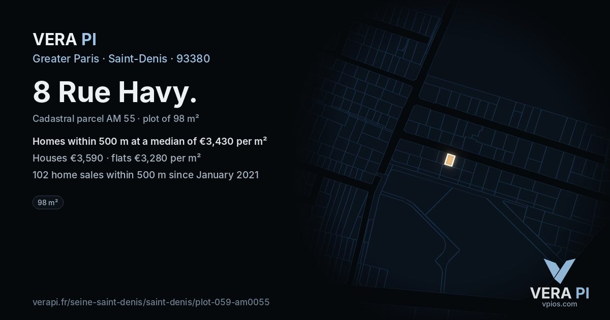8 Rue Havy, Saint-Denis at night – the plot lit, the parcels around coloured by the prices near them