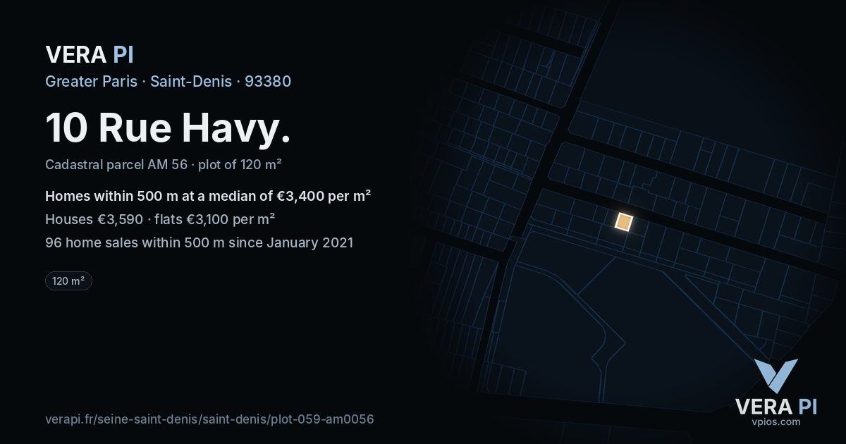 10 Rue Havy, Saint-Denis at night – the plot lit, the parcels around coloured by the prices near them