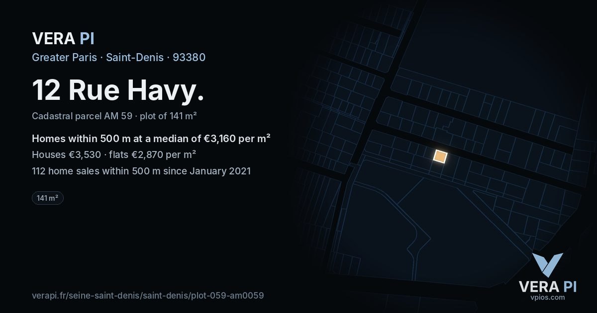 12 Rue Havy, Saint-Denis at night – the plot lit, the parcels around coloured by the prices near them