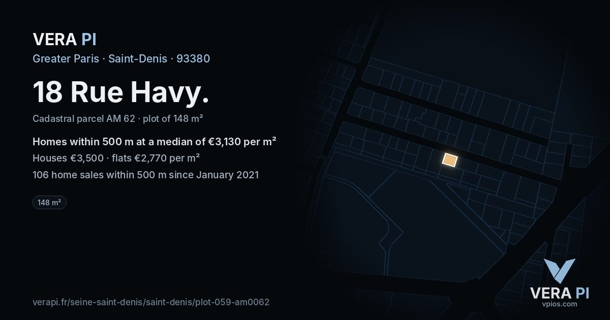 18 Rue Havy, Saint-Denis at night – the plot lit, the parcels around coloured by the prices near them