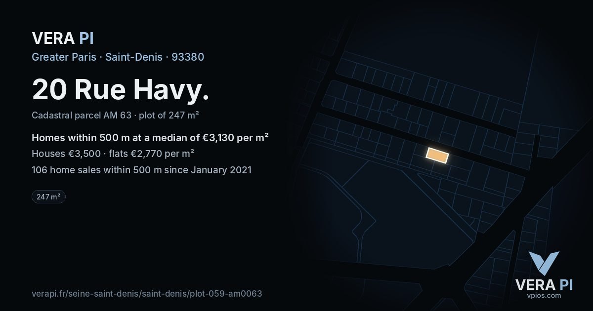 20 Rue Havy, Saint-Denis at night – the plot lit, the parcels around coloured by the prices near them