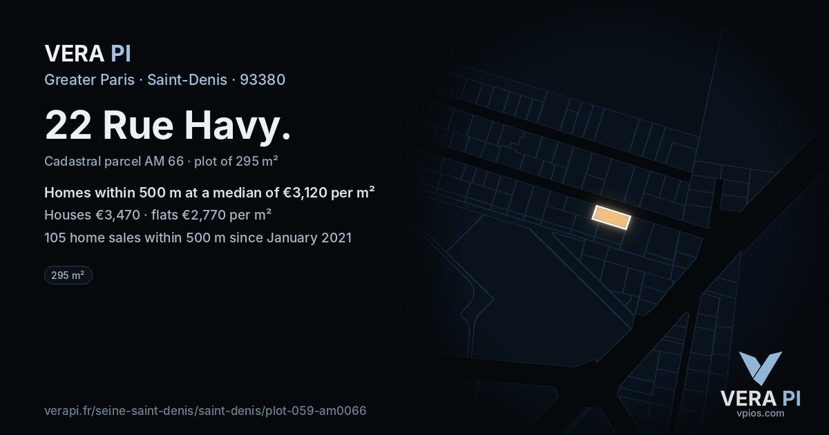 22 Rue Havy, Saint-Denis at night – the plot lit, the parcels around coloured by the prices near them