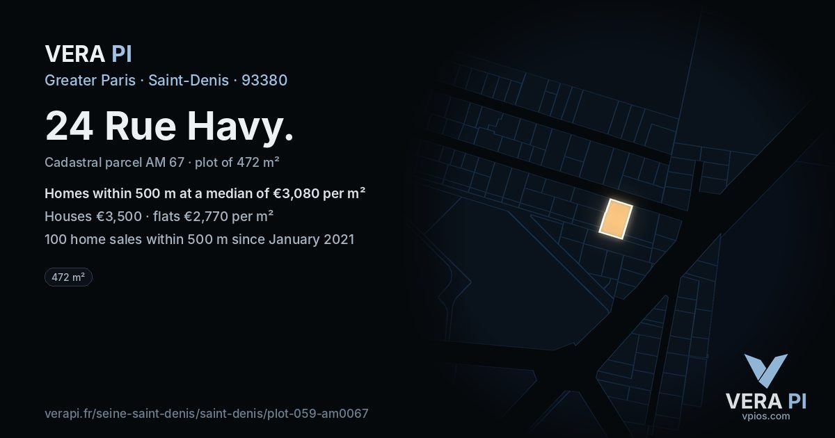 24 Rue Havy, Saint-Denis at night – the plot lit, the parcels around coloured by the prices near them