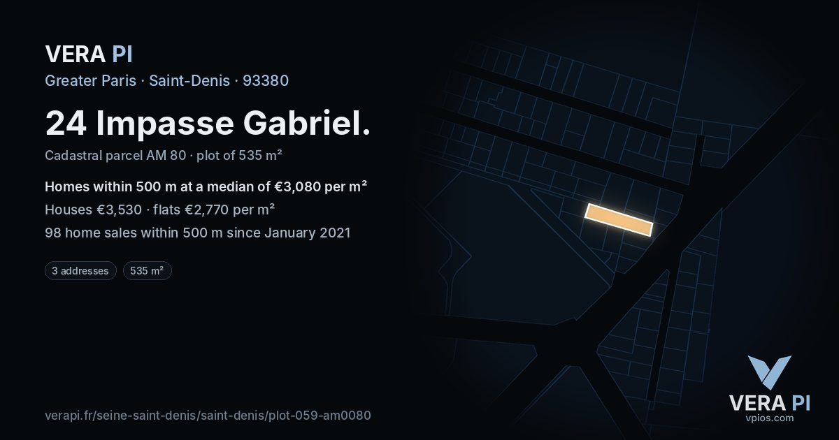 24 Impasse Gabriel, Saint-Denis at night – the plot lit, the parcels around coloured by the prices near them