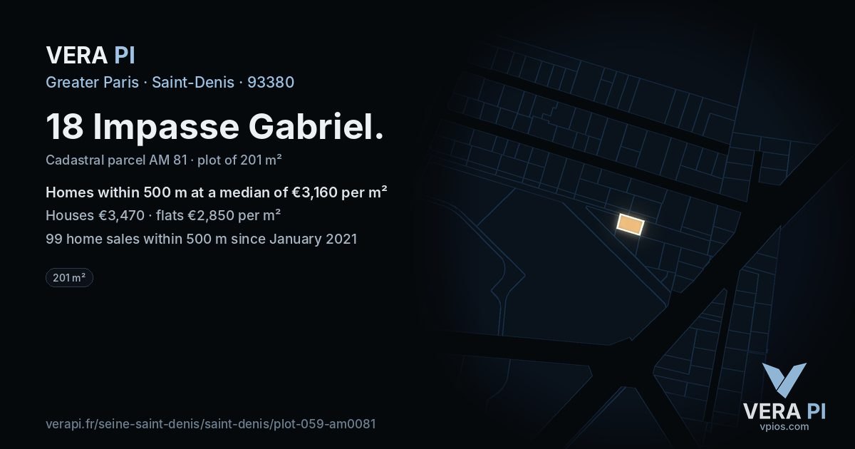 18 Impasse Gabriel, Saint-Denis at night – the plot lit, the parcels around coloured by the prices near them
