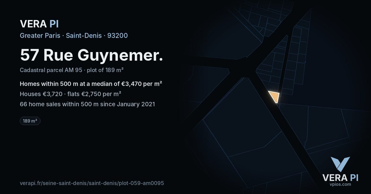 57 Rue Guynemer, Saint-Denis at night – the plot lit, the parcels around coloured by the prices near them