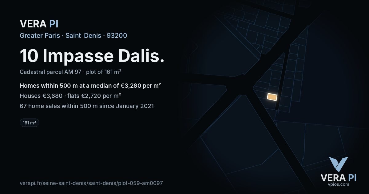 10 Impasse Dalis, Saint-Denis at night – the plot lit, the parcels around coloured by the prices near them