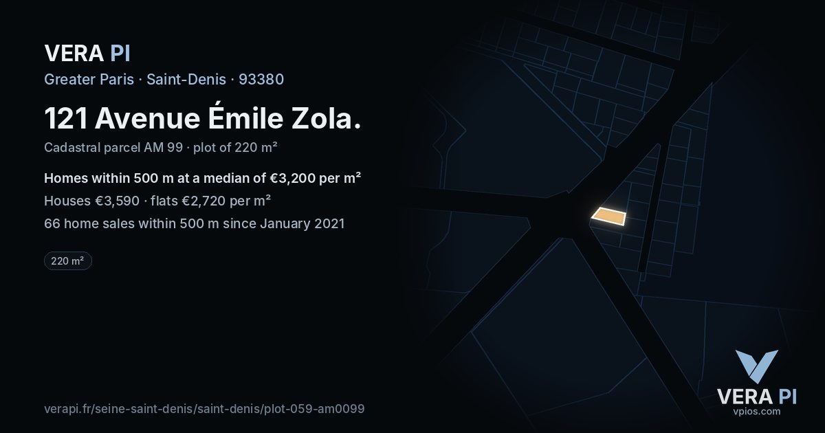 121 Avenue Émile Zola, Saint-Denis at night – the plot lit, the parcels around coloured by the prices near them