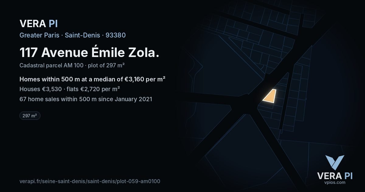 117 Avenue Émile Zola, Saint-Denis at night – the plot lit, the parcels around coloured by the prices near them