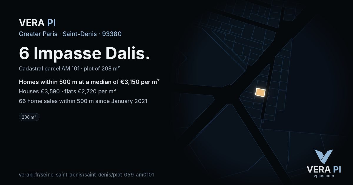 6 Impasse Dalis, Saint-Denis at night – the plot lit, the parcels around coloured by the prices near them