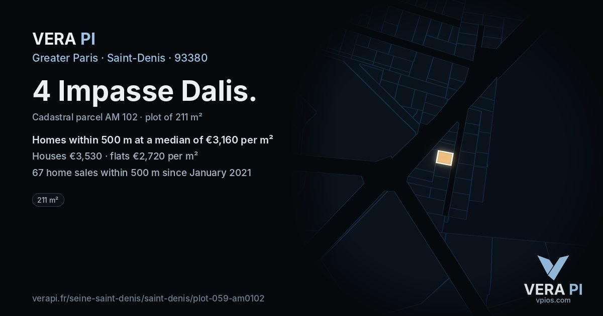 4 Impasse Dalis, Saint-Denis at night – the plot lit, the parcels around coloured by the prices near them