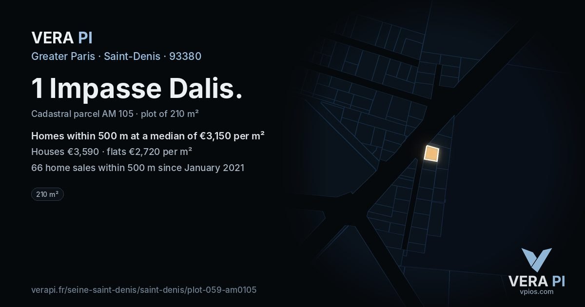 1 Impasse Dalis, Saint-Denis at night – the plot lit, the parcels around coloured by the prices near them