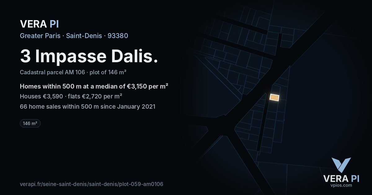 3 Impasse Dalis, Saint-Denis at night – the plot lit, the parcels around coloured by the prices near them
