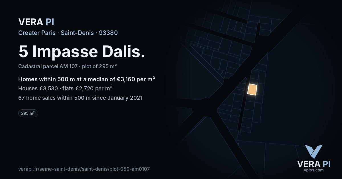 5 Impasse Dalis, Saint-Denis at night – the plot lit, the parcels around coloured by the prices near them