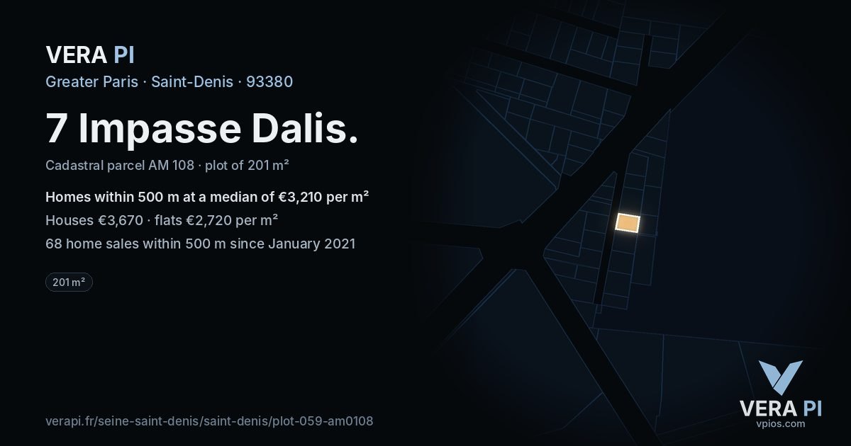 7 Impasse Dalis, Saint-Denis at night – the plot lit, the parcels around coloured by the prices near them