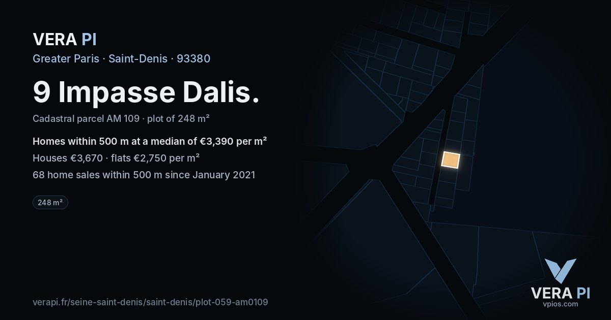 9 Impasse Dalis, Saint-Denis at night – the plot lit, the parcels around coloured by the prices near them