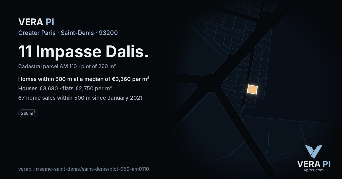 11 Impasse Dalis, Saint-Denis at night – the plot lit, the parcels around coloured by the prices near them