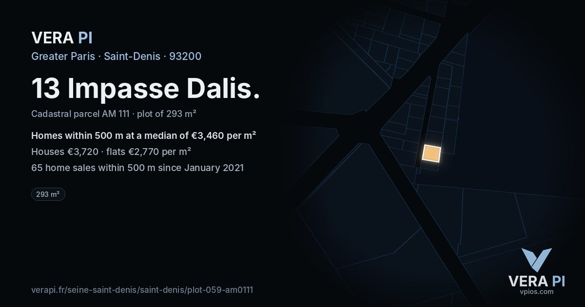 13 Impasse Dalis, Saint-Denis at night – the plot lit, the parcels around coloured by the prices near them