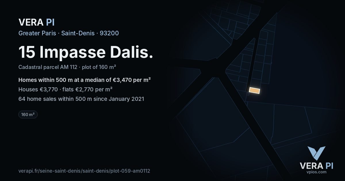 15 Impasse Dalis, Saint-Denis at night – the plot lit, the parcels around coloured by the prices near them