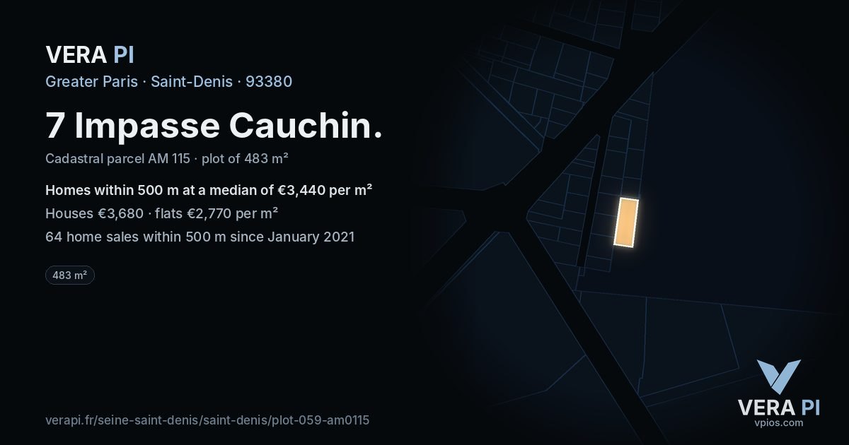 7 Impasse Cauchin, Saint-Denis at night – the plot lit, the parcels around coloured by the prices near them
