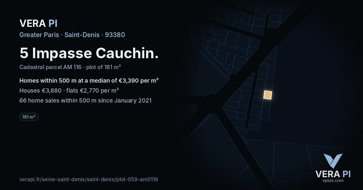 5 Impasse Cauchin, Saint-Denis at night – the plot lit, the parcels around coloured by the prices near them