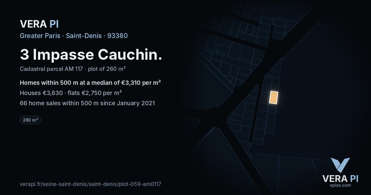 3 Impasse Cauchin, Saint-Denis at night – the plot lit, the parcels around coloured by the prices near them