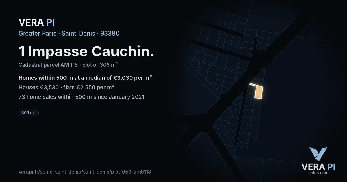 1 Impasse Cauchin, Saint-Denis at night – the plot lit, the parcels around coloured by the prices near them