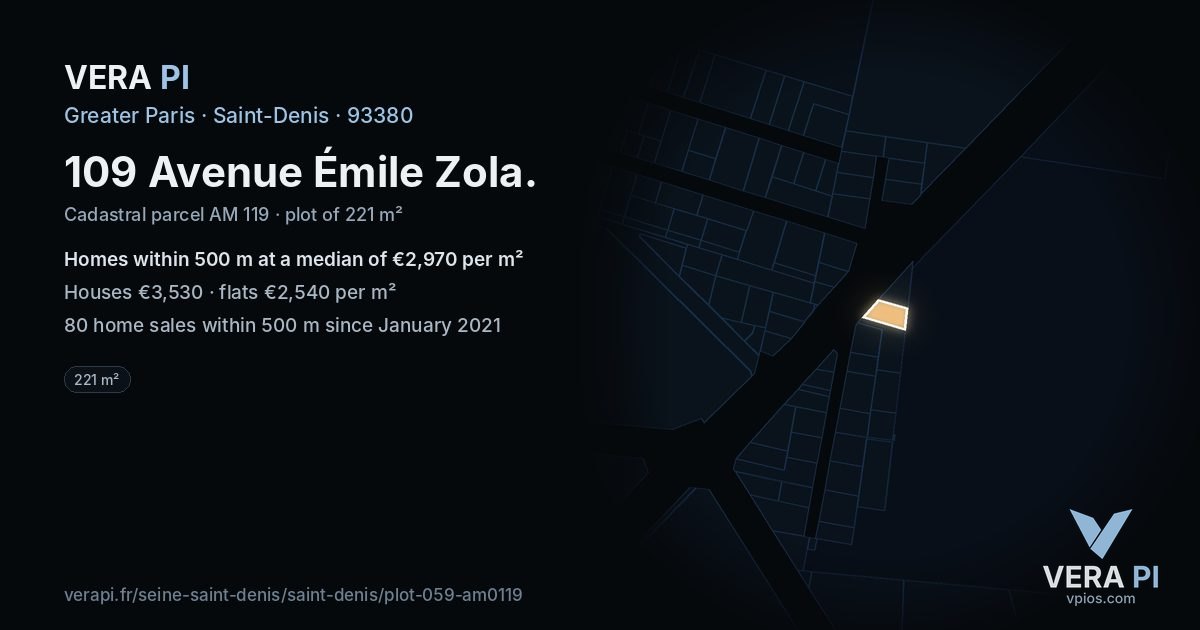 109 Avenue Émile Zola, Saint-Denis at night – the plot lit, the parcels around coloured by the prices near them