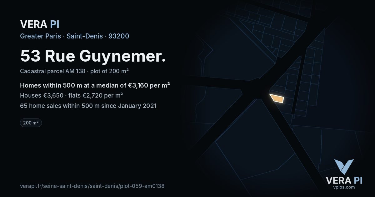 53 Rue Guynemer, Saint-Denis at night – the plot lit, the parcels around coloured by the prices near them