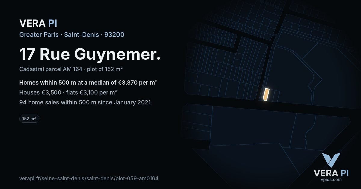 17 Rue Guynemer, Saint-Denis at night – the plot lit, the parcels around coloured by the prices near them