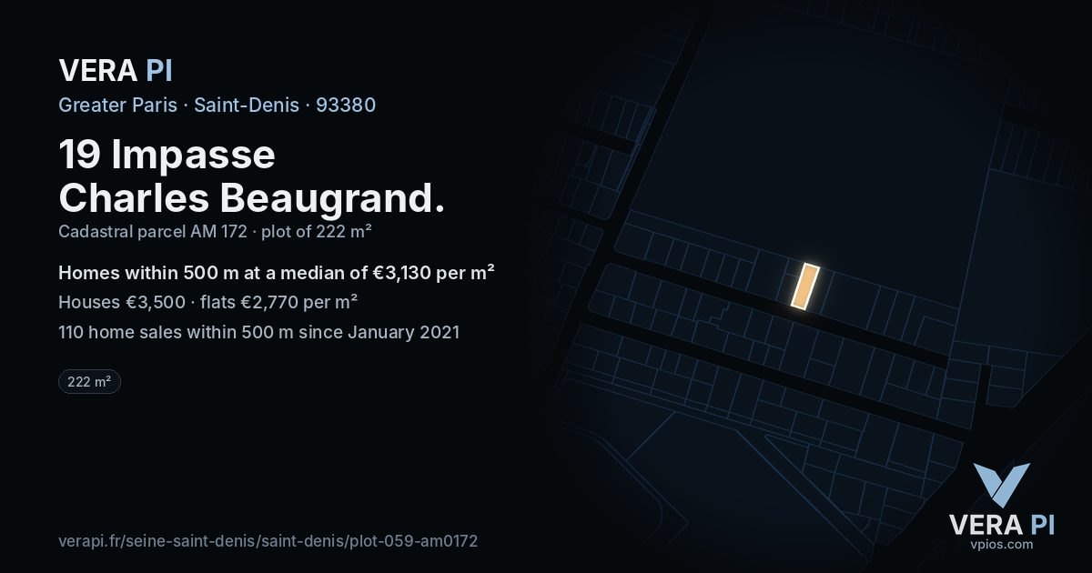 19 Impasse Charles Beaugrand, Saint-Denis at night – the plot lit, the parcels around coloured by the prices near them