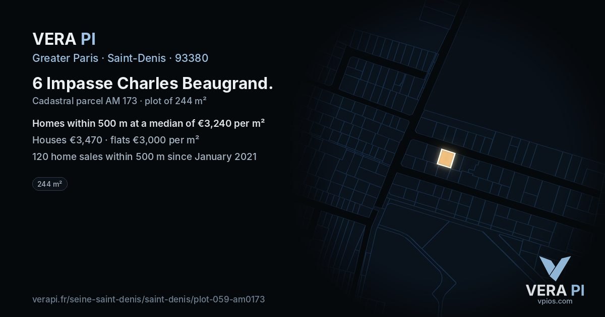 6 Impasse Charles Beaugrand, Saint-Denis at night – the plot lit, the parcels around coloured by the prices near them