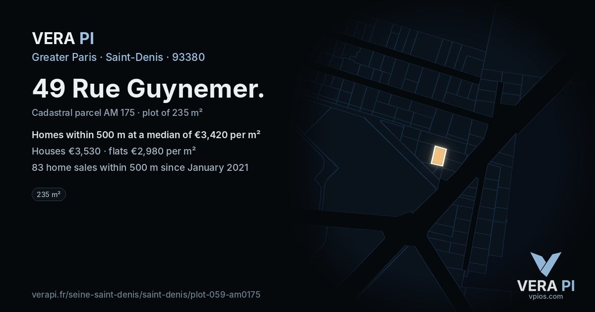 49 Rue Guynemer, Saint-Denis at night – the plot lit, the parcels around coloured by the prices near them