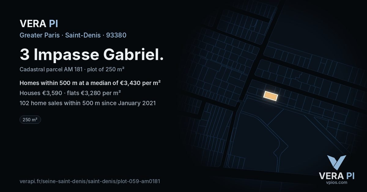 3 Impasse Gabriel, Saint-Denis at night – the plot lit, the parcels around coloured by the prices near them