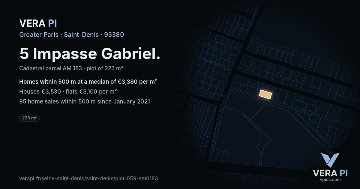 5 Impasse Gabriel, Saint-Denis at night – the plot lit, the parcels around coloured by the prices near them