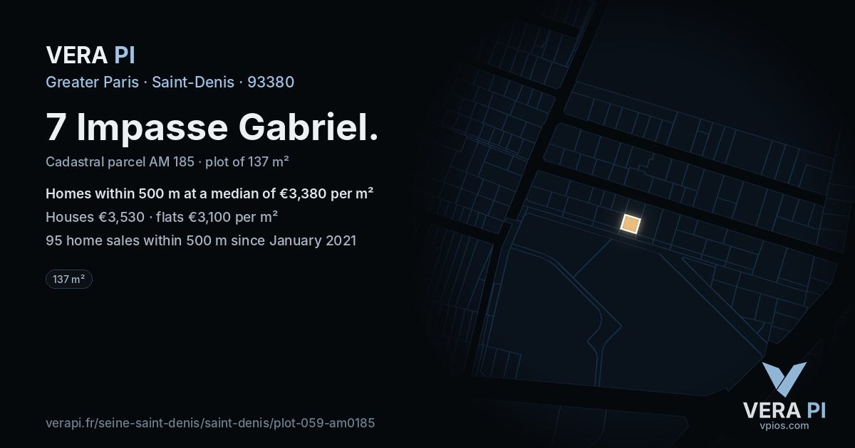 7 Impasse Gabriel, Saint-Denis at night – the plot lit, the parcels around coloured by the prices near them