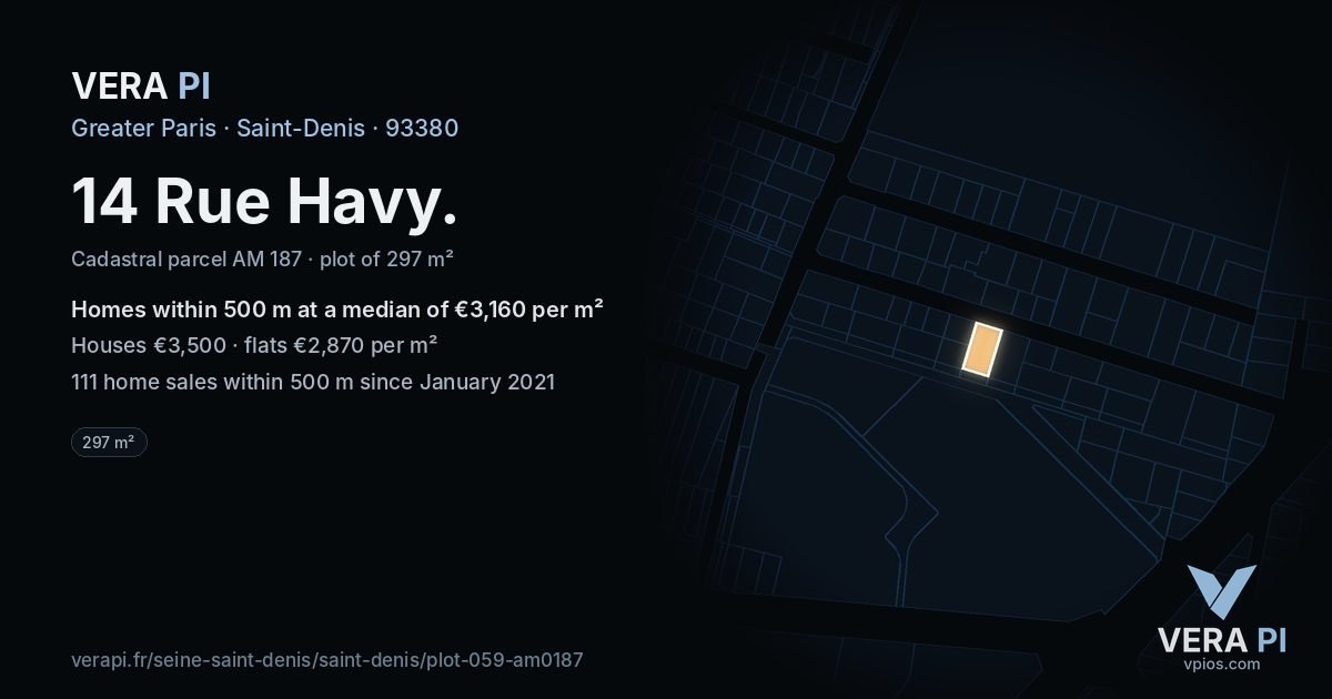 14 Rue Havy, Saint-Denis at night – the plot lit, the parcels around coloured by the prices near them