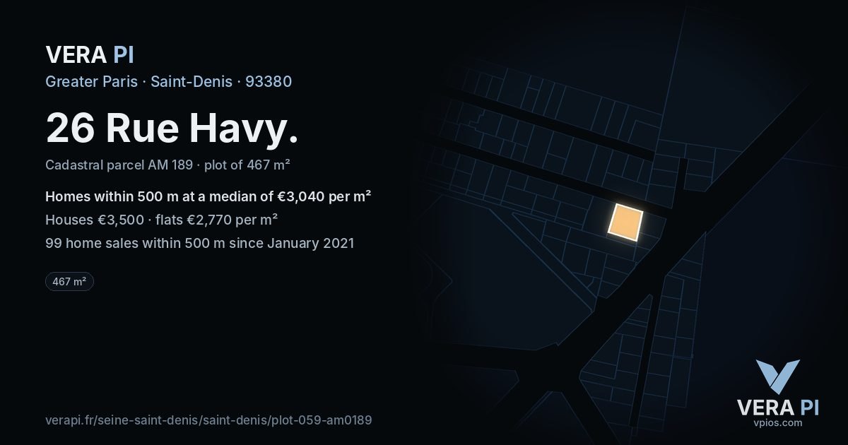 26 Rue Havy, Saint-Denis at night – the plot lit, the parcels around coloured by the prices near them
