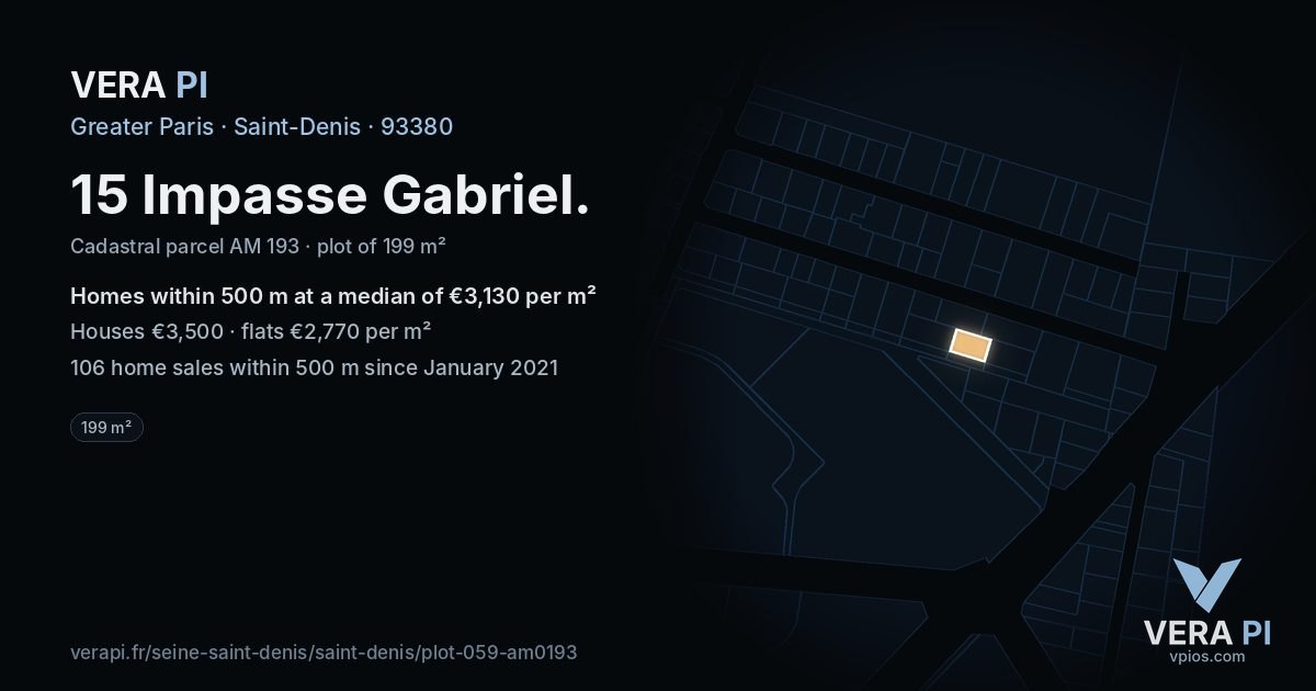 15 Impasse Gabriel, Saint-Denis at night – the plot lit, the parcels around coloured by the prices near them