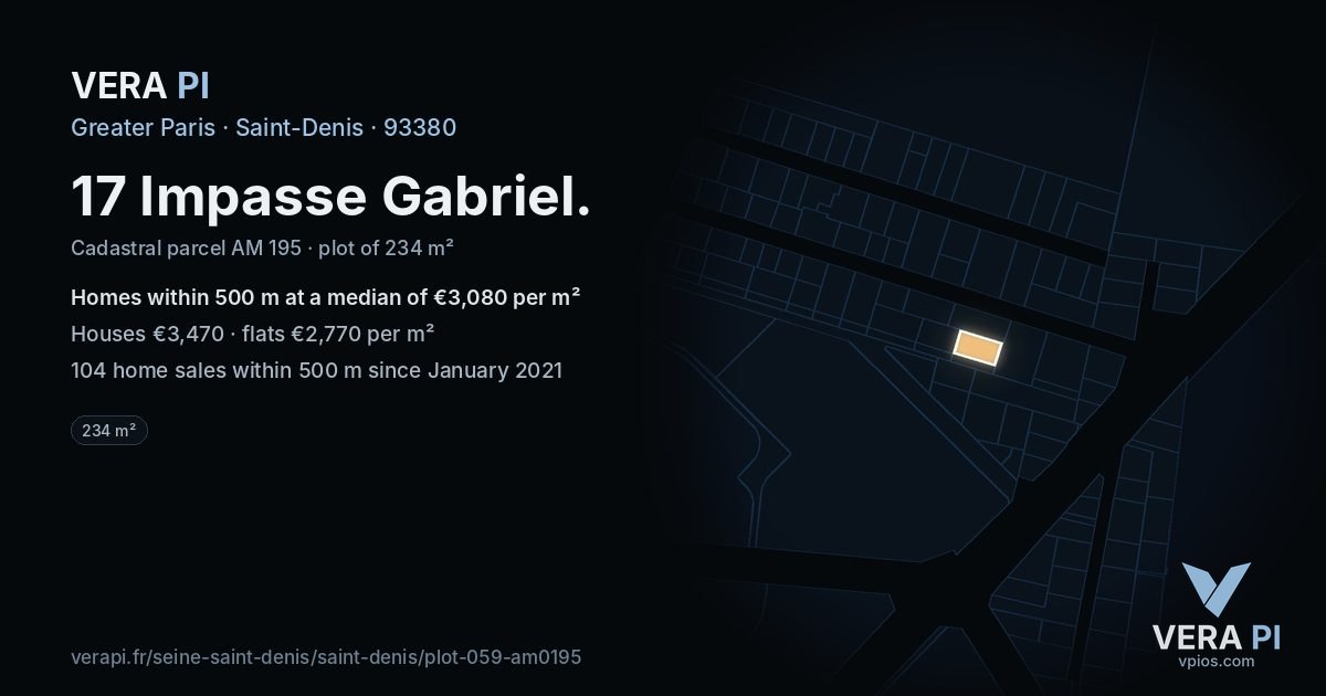 17 Impasse Gabriel, Saint-Denis at night – the plot lit, the parcels around coloured by the prices near them